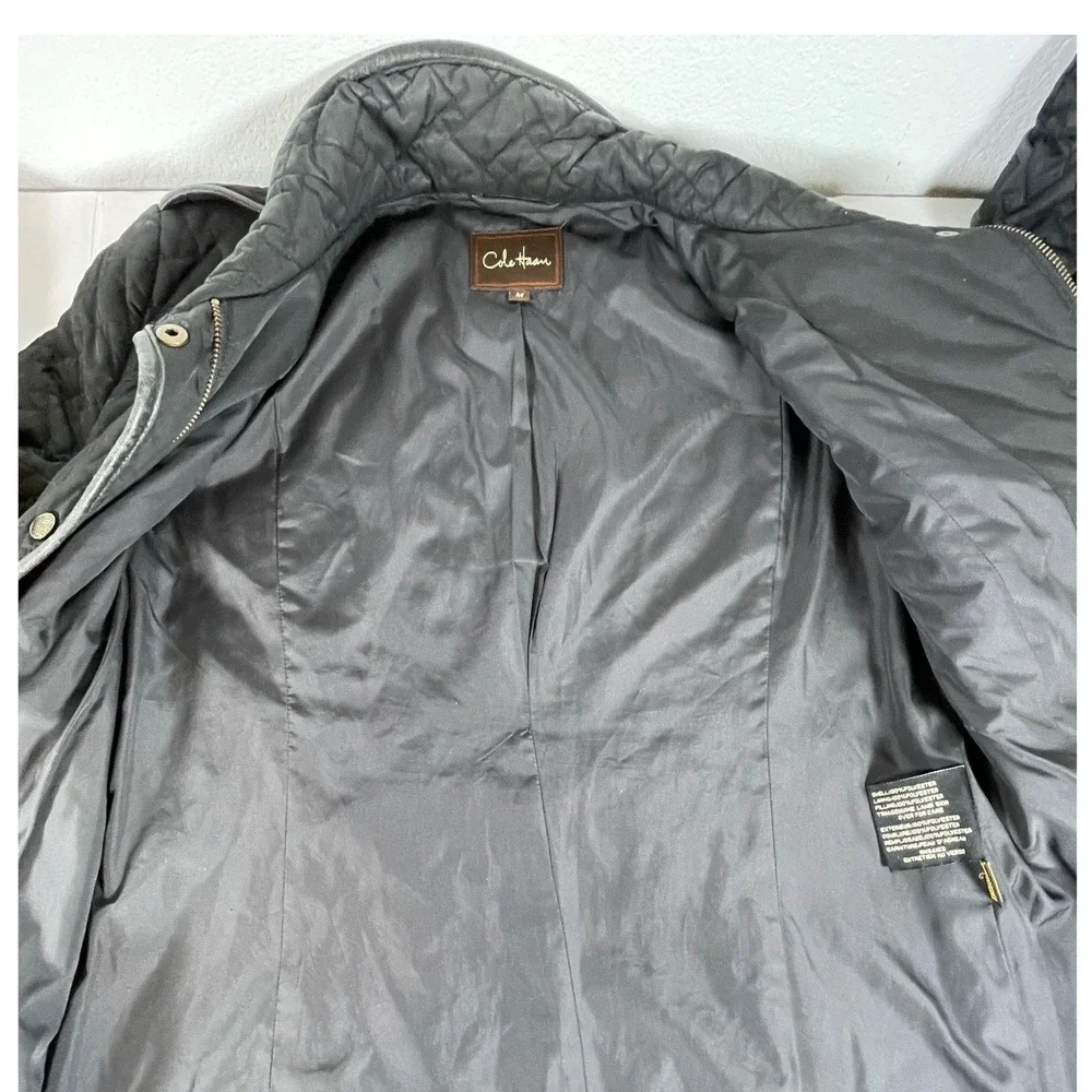 Cole Haan Womens Quilted Trench Coat Belted  Black Lamb Skin Trim‎ Medium